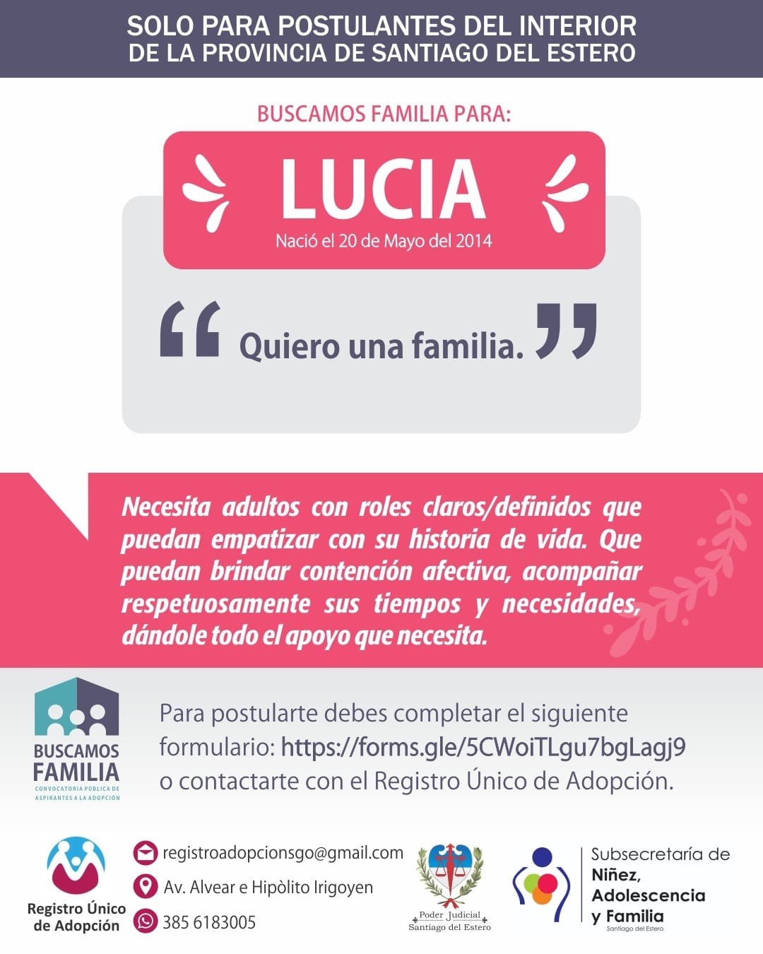 Buscan familia para "Lucía"