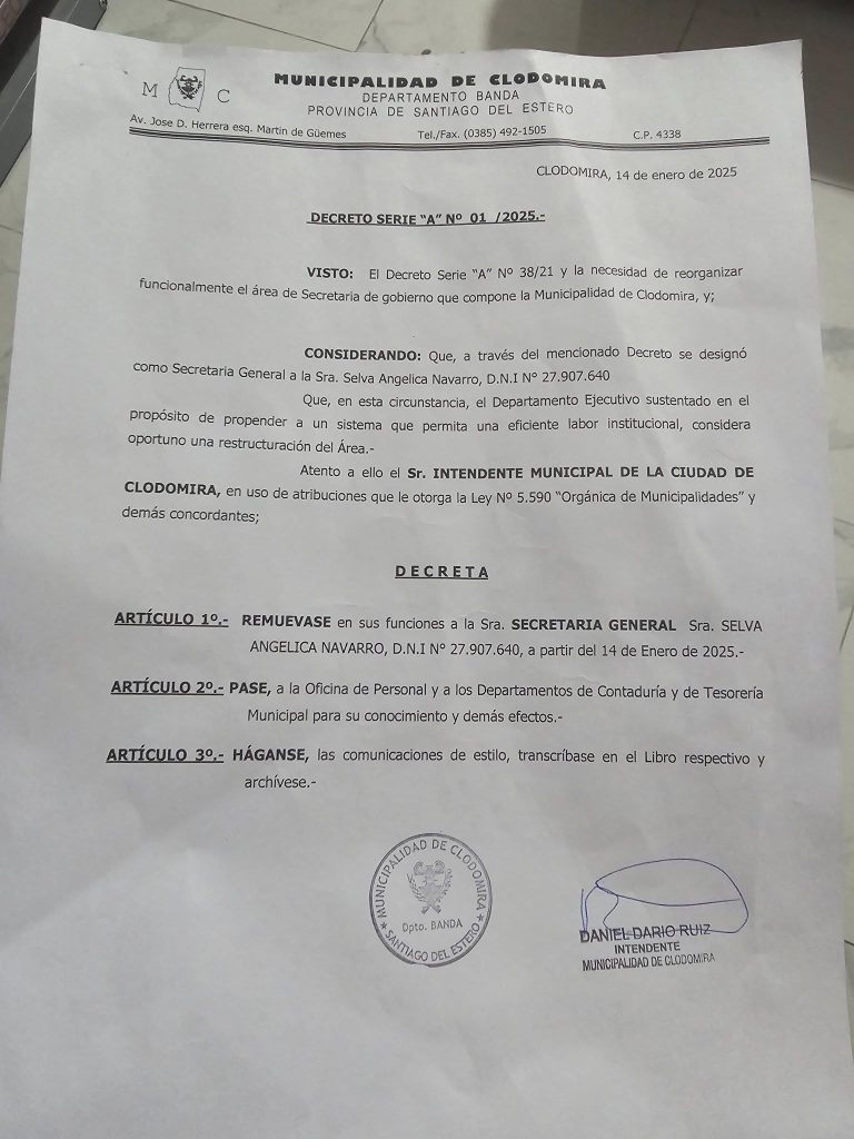 Resolución de remoción del cargo de Secretaria de Gobierno