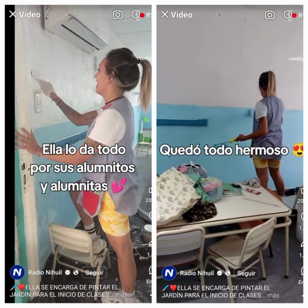 Una docente fue al jardín a pintar las paredes antes del inicio de clases
