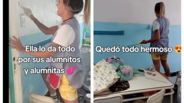 Una docente fue al jardín a pintar las paredes antes del inicio de clases