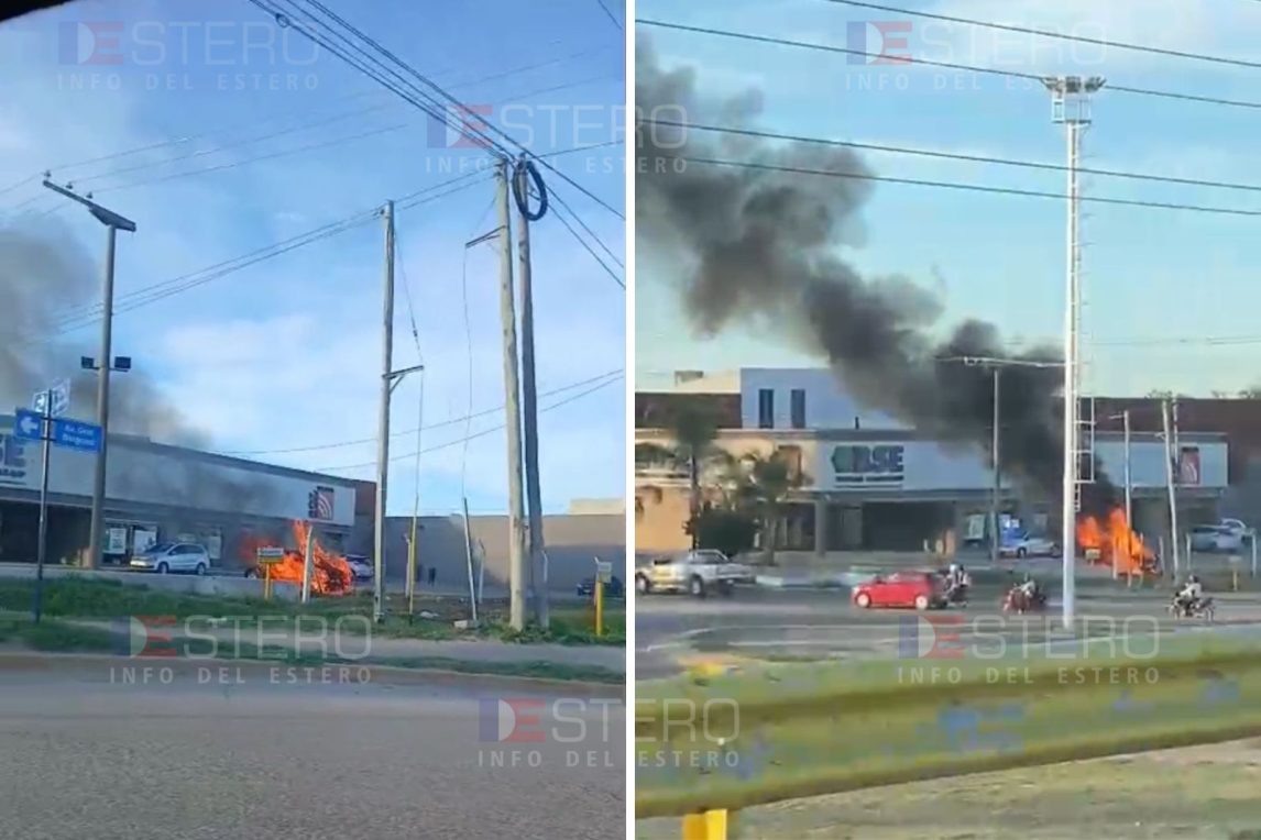 VIDEO: Un auto en llamas en el estacionamiento de sucursal bancaria del Parque Industrial