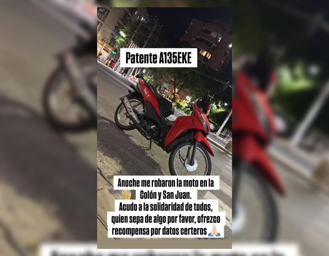 Le robaron la moto de la vereda de la casa de sus suegros y pide ayuda para encontrarla