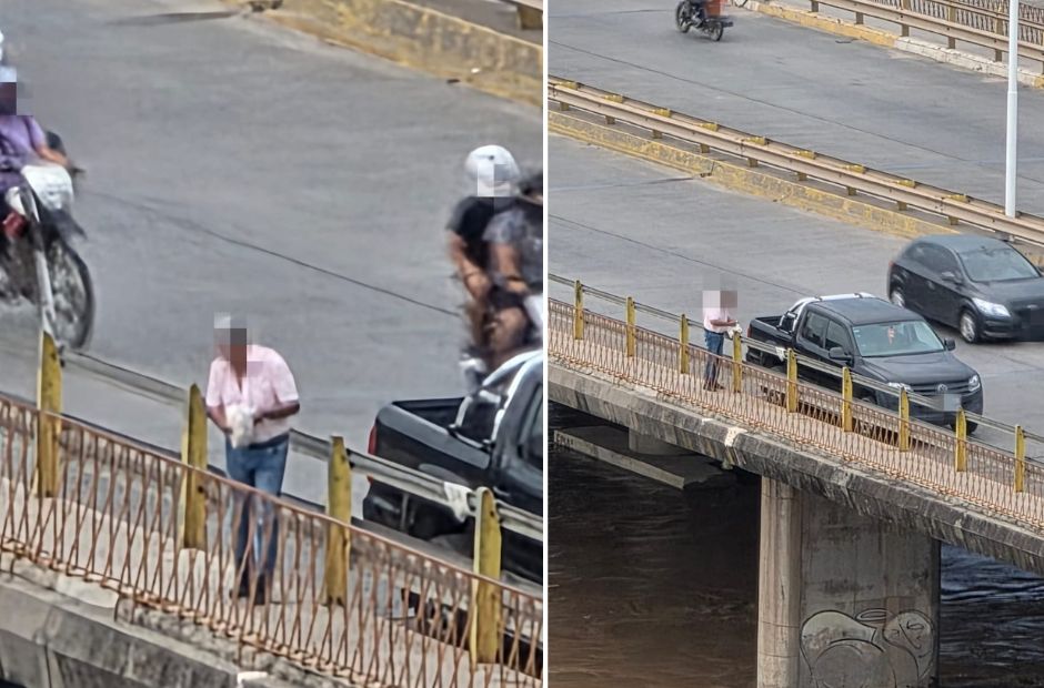 ¡Indignante! Detuvo su camioneta en el puente para tirar basura