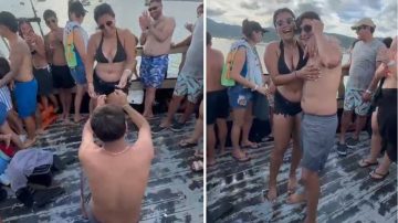 Romántica propuesta de casamiento de una pareja santiagueña en un barco pirata en Brasil