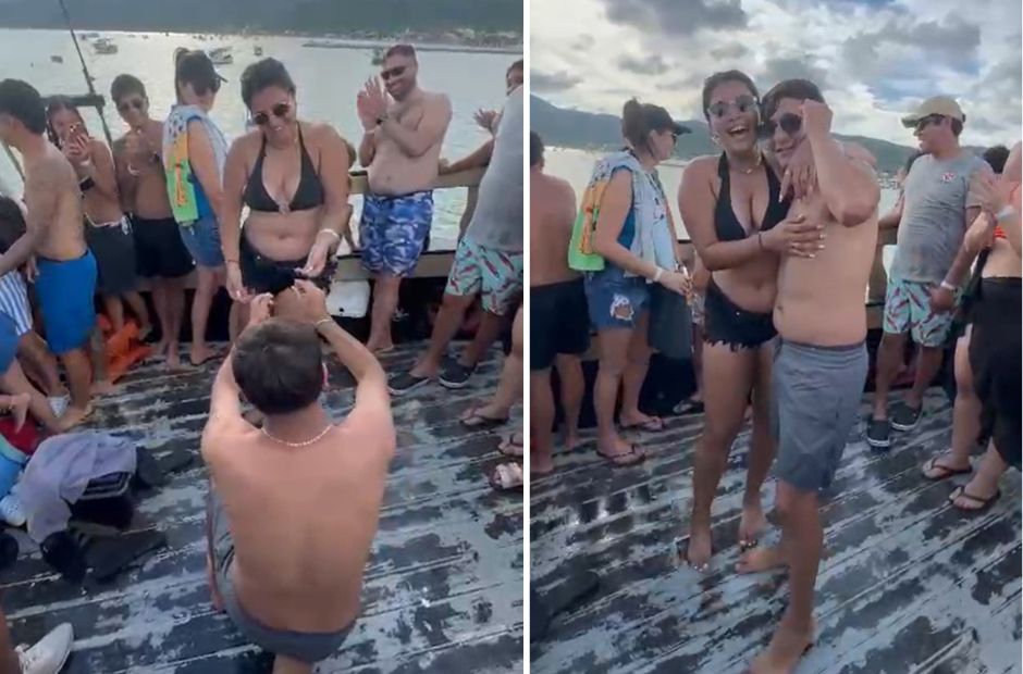 Romántica propuesta de casamiento de una pareja santiagueña en un barco pirata en Brasil