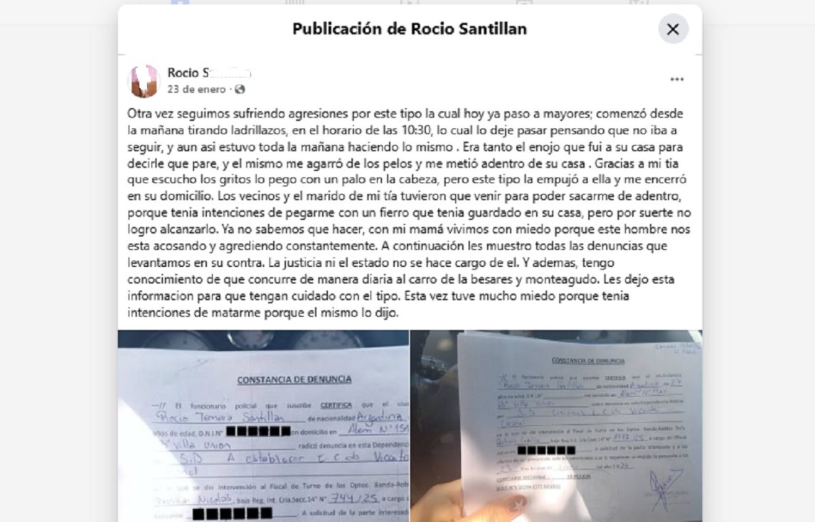 B° Villa Unión: una joven expuso en redes sociales presuntas agresiones de un vecino