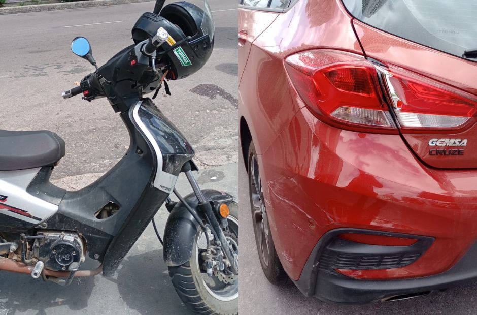 Choque en pleno centro: un automóvil y una motocicleta colisionaron en Belgrano y Rivadavia