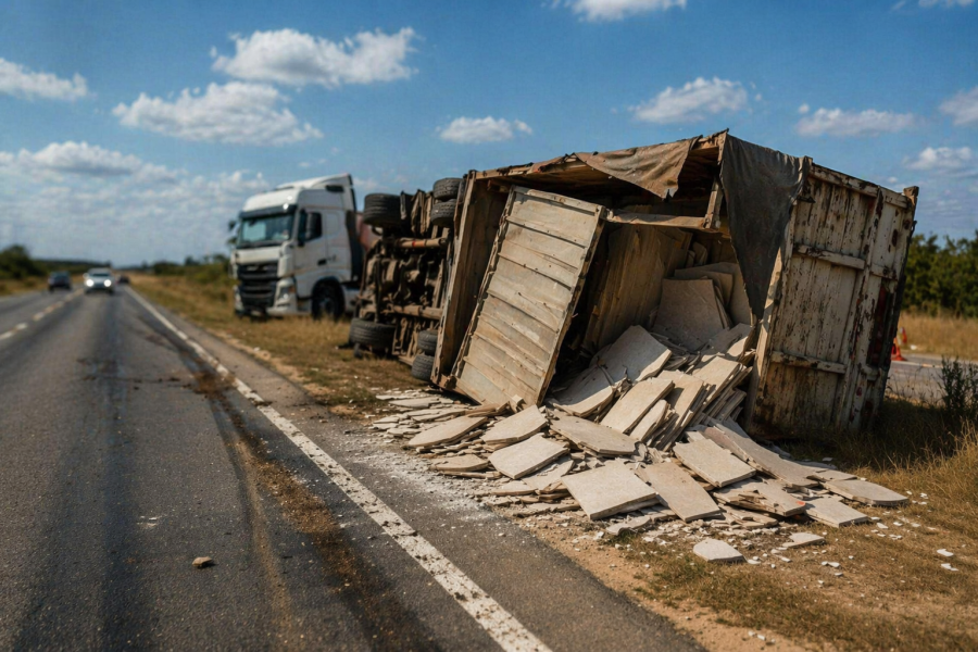 Ruta Nacional 34: un camión volcó su acoplado y perdió la carga de cerámicos