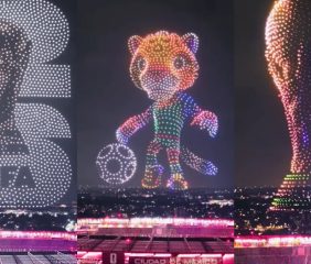 Drones iluminaron el estadio Ciudad de México con mascotas mundialistas a horas de la inauguración